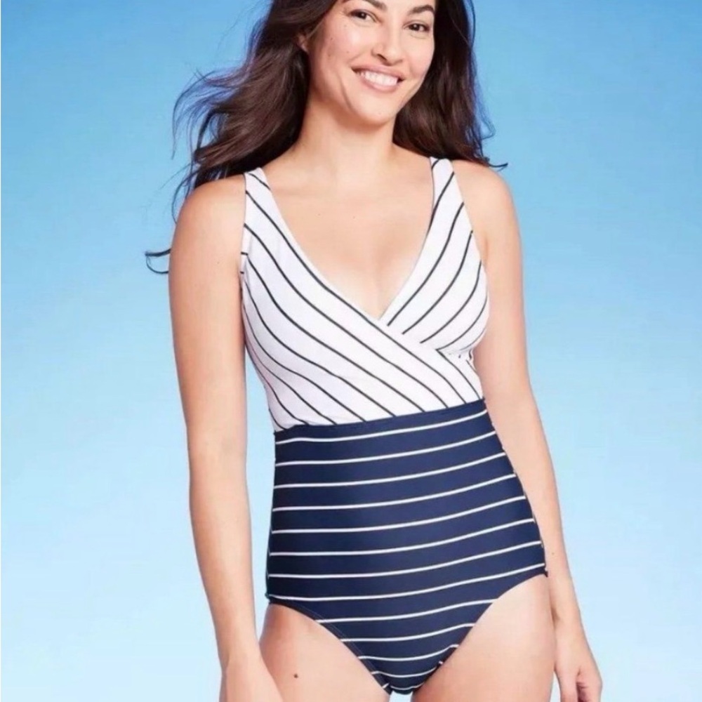 Kona Sol White and Navy Striped One-Piece Swimsuit